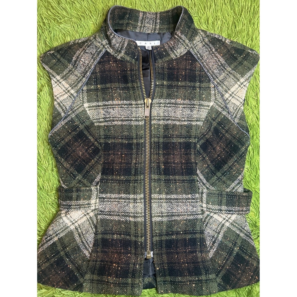 Cabi Vest Women Medium Green Plaid Wool Blend Zip Up Peplum Style 611 Tweed